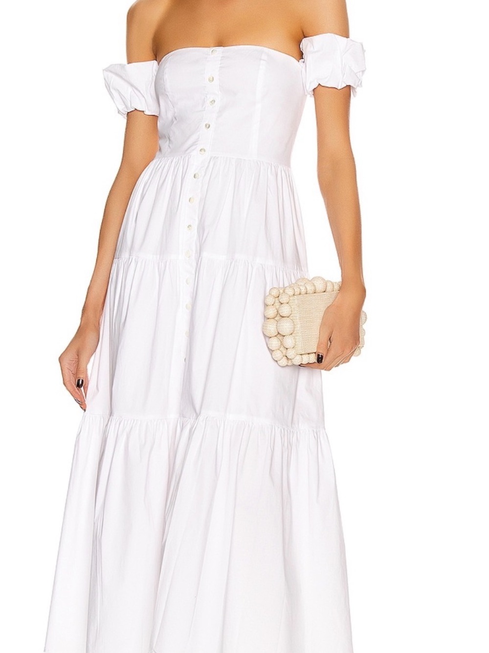 STAUD White Off-Shoulder Tiered Button-Front Maxi Dress